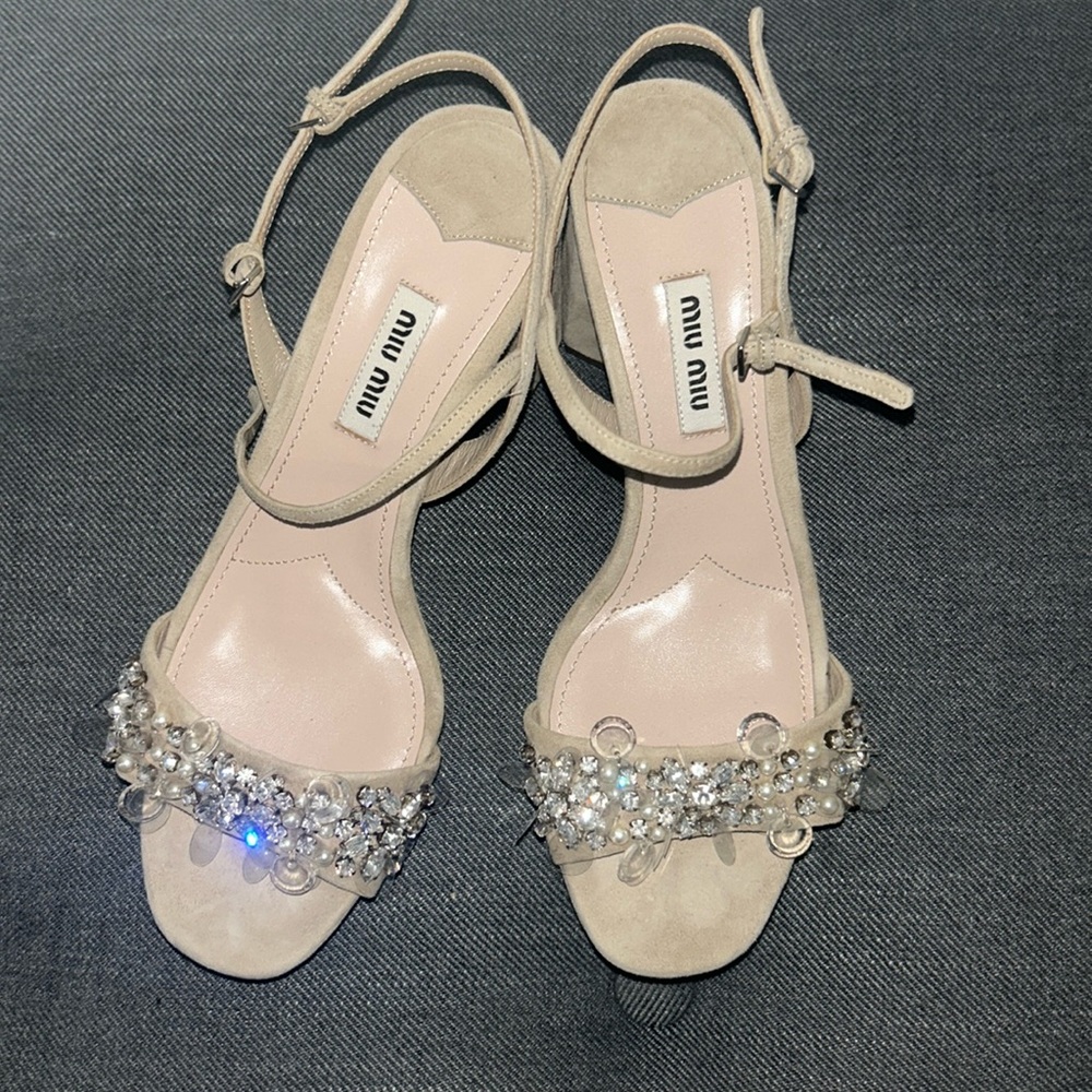 MIU MIU Suede bejeweled block sandals